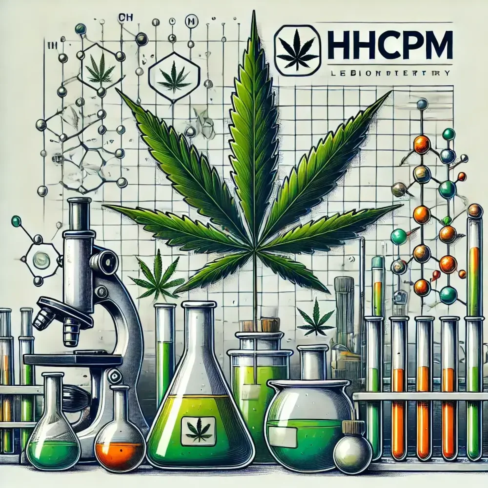 Laboratoriet, hvor HHCPM produceres, stort cannabisblad, mikroskop og andet udstyr såsom kolber med HHCPM-destillat