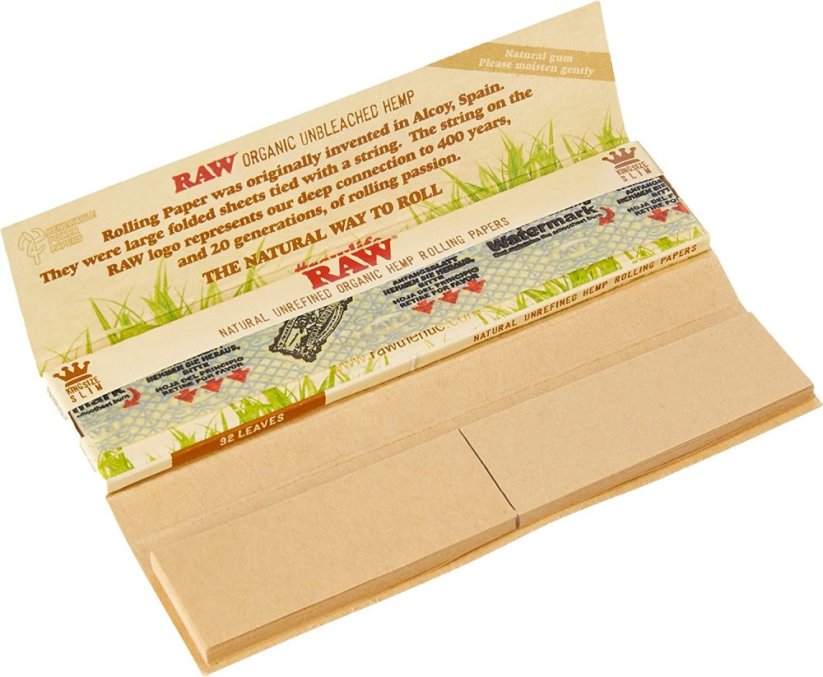 RAW Organic Hemp CONNOISSEUR KingSize Slim Nerafinirani papirji za zvijanje + NASVETI - Škatla, 24 kos