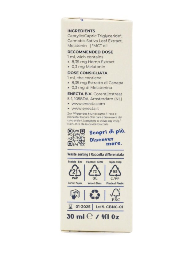 Enecta CBNight Formula Classic Huile de chanvre avec mélatonine, 250 mg d'extrait de chanvre biologique, 30 ml