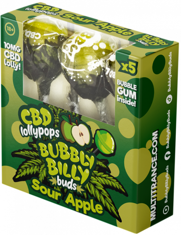 Bubbly Billy Buds 10 mg CBD kisle jabolčne lizike z žvečilnim gumijem v notranjosti – darilna škatla (5 lizik)