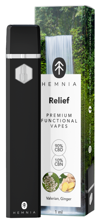 Hemnia პრემიუმ ფუნქციური ვაიპ კალამი Relief - 90% CBD, 10% CBN, ვალერიანა, ჯანჯაფილი, 1 მლ