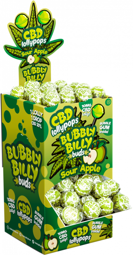 Bubbly Billy Buds 10 mg lecca lecca di mela acida CBD con gomma da masticare all'interno – Contenitore da esposizione (100 lecca lecca)