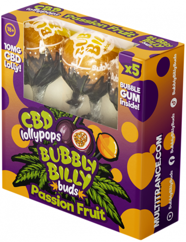 Bubbly Billy Buds 10 mg CBD Acadele cu fructe ale pasiunii cu gumă de mestecat în interior – Cutie cadou (5 acadele)