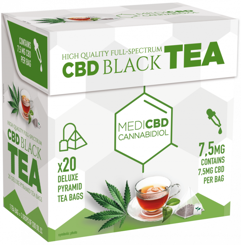 MediCBD Црни чај (кутија од 20 врећица пирамидалног чаја), 7,5 мг ЦБД