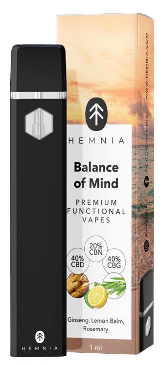 Hemnia Преміальний функціонал Vape Pen Бланс з Розум - 40 % CBD, 40 % CBG, 20 % CBN, женьшень, лимонний бальзам, розмарин, 1 мл