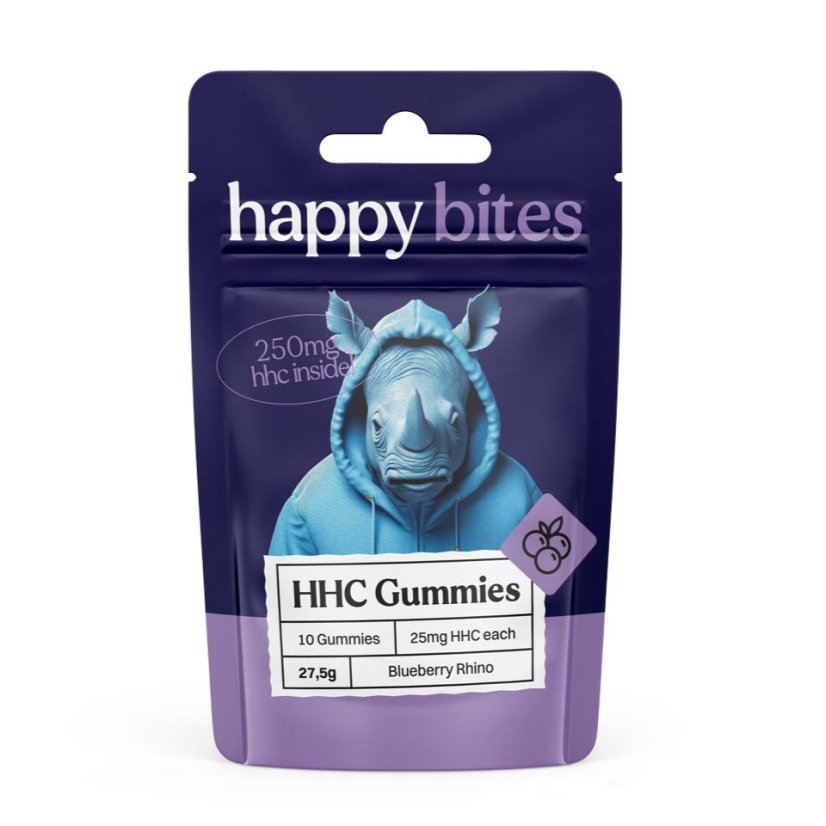 Happy Bites HHC Gummies Blueberry Rhino, 10 kosov x 25 mg, 250 mg
