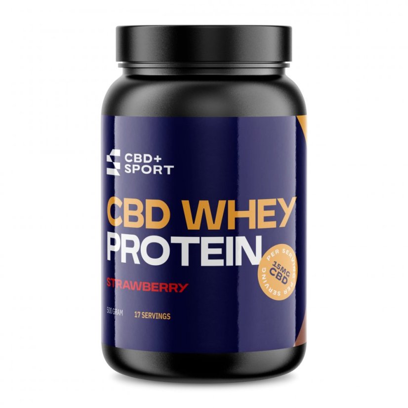 CBD+ sport Proteine din zer CBD - Căpșună, 255 mg, 17 X 15 MG, 500 G