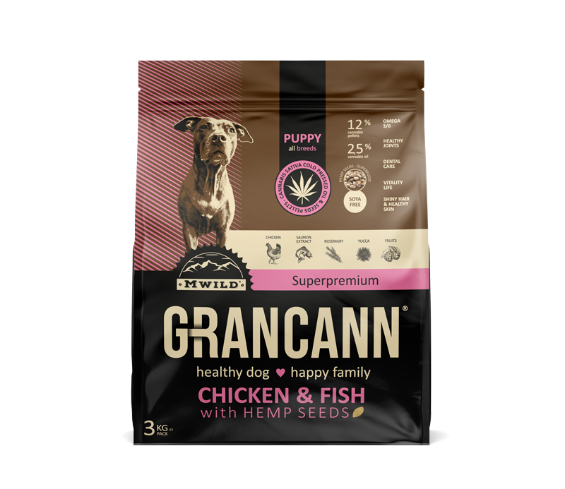 Grancann Pui și pește cu semințe de cânepă - Hrană din cânepă pentru căței de toate rasele, 3kg