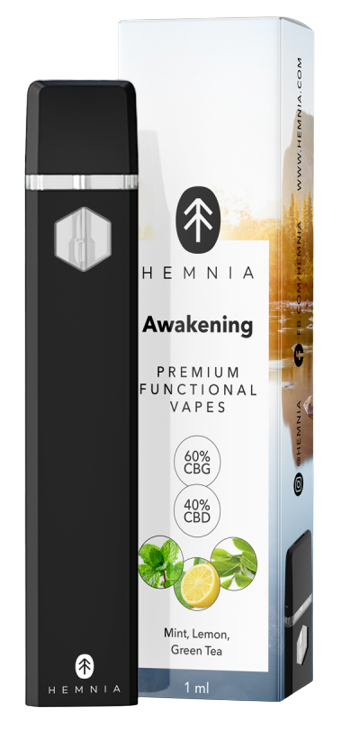 Hemnia პრემიუმ ფუნქციური Vape Pen Awakening - 40% CBD, 60% CBG, პიტნა, ლიმონი, მწვანე ჩაი, 1 მლ