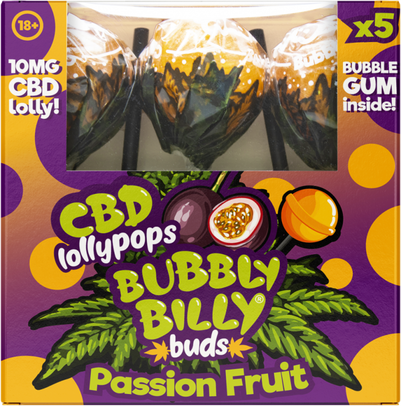 Bubbly Billy Buds 10 mg CBD Passion Fruit Lollies avec Bubblegum à l'intérieur – Coffret Cadeau (5 Sucettes)