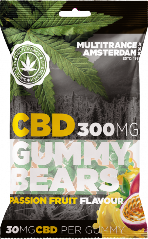 ვნების ხილის არომატიზირებული CBD Gummy Bears (300 მგ), 40 ტომარა მუყაოს კოლოფში