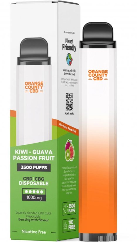 Orange County CBD Vape kalem Kivi - Guava ve Passion Fruit 3500 Puf, 600 mg CBD, 400 mg CBG, 10 ml
