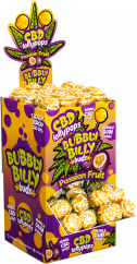 Bubbly Billy Buds 10 mg CBD Lollies z marakui z gumą balonową w środku – pojemnik ekspozycyjny (100 lizaków)