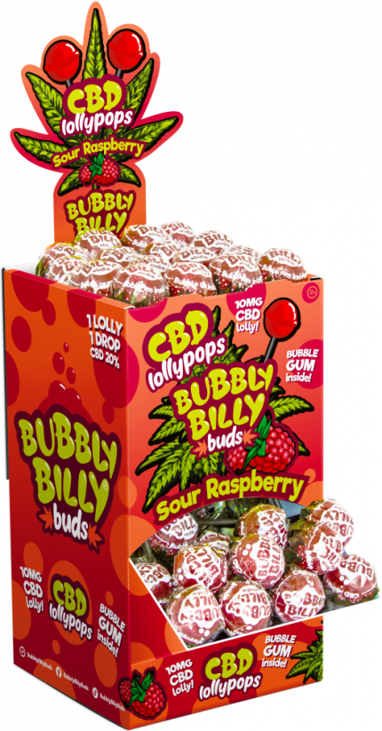 Bubbly Billy Pupoljci 10 mg CBD kisele maline lizalice s žvakom iznutra – Izloženi spremnik (100 lizalica)