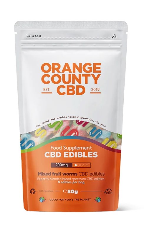 Orange County CBD Worms, cestovné balenie, 200 mg CBD, 8 ks, 50 g