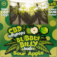 Bubbly Billy Buds CBD Lízátka Kyselé Jablko se žvýkačkou uvnitř - Dárková krabička (5 lízátek)