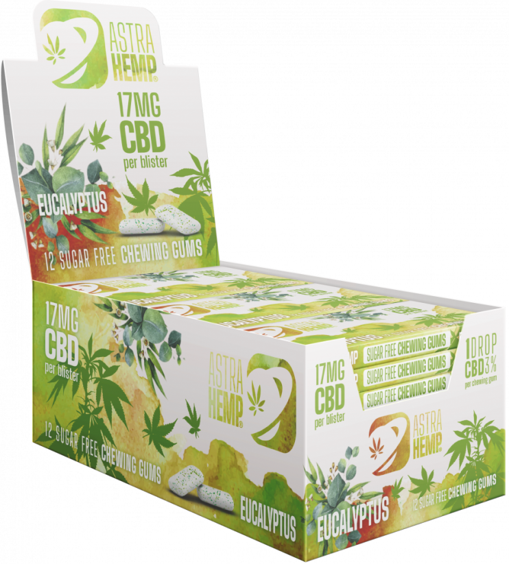 Gumă de mestecat cu eucalipt de cânepă Astra (17 mg CBD), 24 de cutii expuse