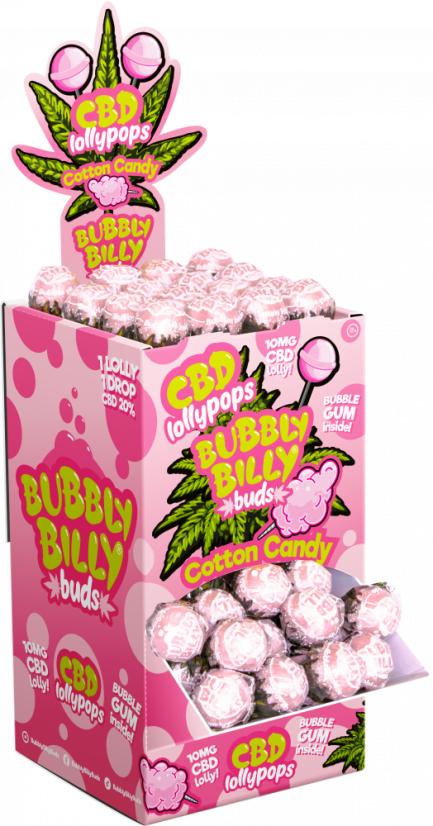 Bubbly Billy Buds 10 mg CBD Acadele de zahăr cu gumă de mestecat în interior – Recipient de afișare (100 de acadele)