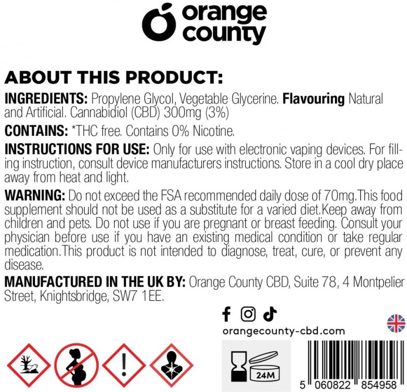 Orange County CBD E-vloeistof Mango-ijs, CBD 300 mg, 10 ml
