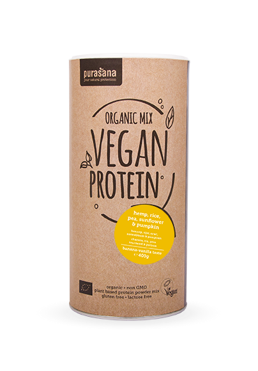 Purasana Vegan Protein MIX BIO 400g banānu-vaniļas (zirņi, rīsi, ķirbis, saulespuķes, kaņepes)