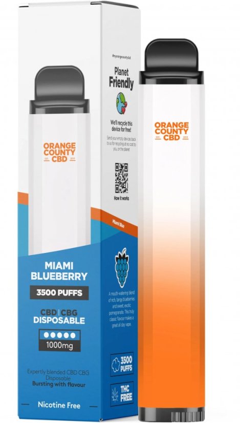 Orange County CBD Vape kalemi Miami Blueberry 3500 Puf, 600 mg CBD, 400 mg CBG, 10 ml