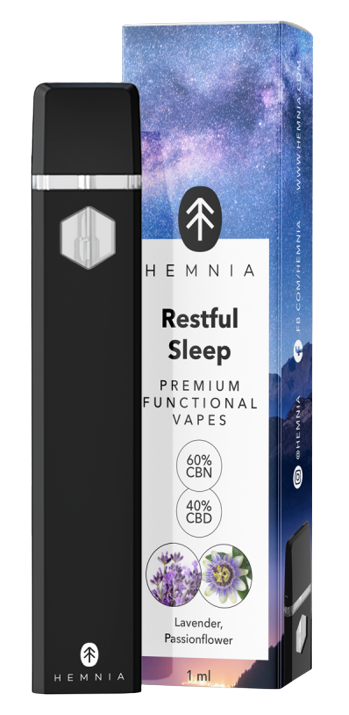 Hemnia Premium funksjonell Vape Pen Avslappende søvn, 40 % CBD, 60 % CBN, Levander, Pasjonsblomst, 1 ml