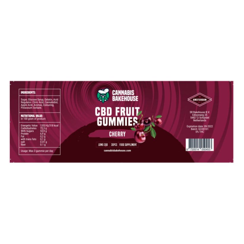 Cannabis Bakehouse Caramelle gommose alla frutta con CBD - Ciliegia, 300 mg (30 pezzi x 10 mg) CBD, 60 g