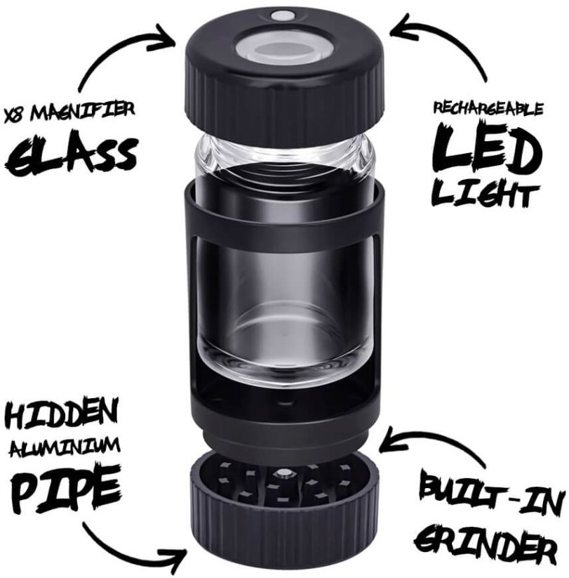 "Best Buds" juodas didinamasis stiklas su LED žibintu, malūnėliu ir aliuminio pypke