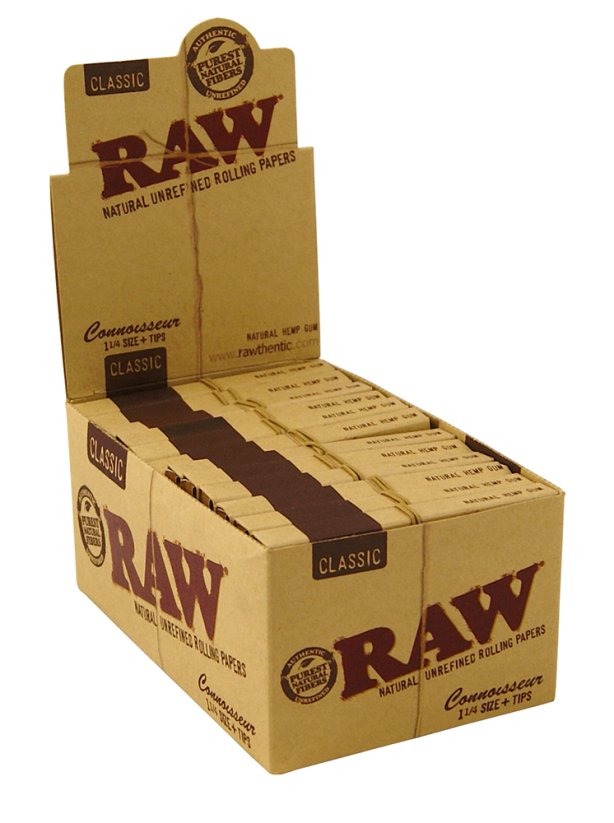 RAW Nebielený klasický krátky papier Connoisseur veľkosti 1 ¼ + filtre - krabica 24 ks