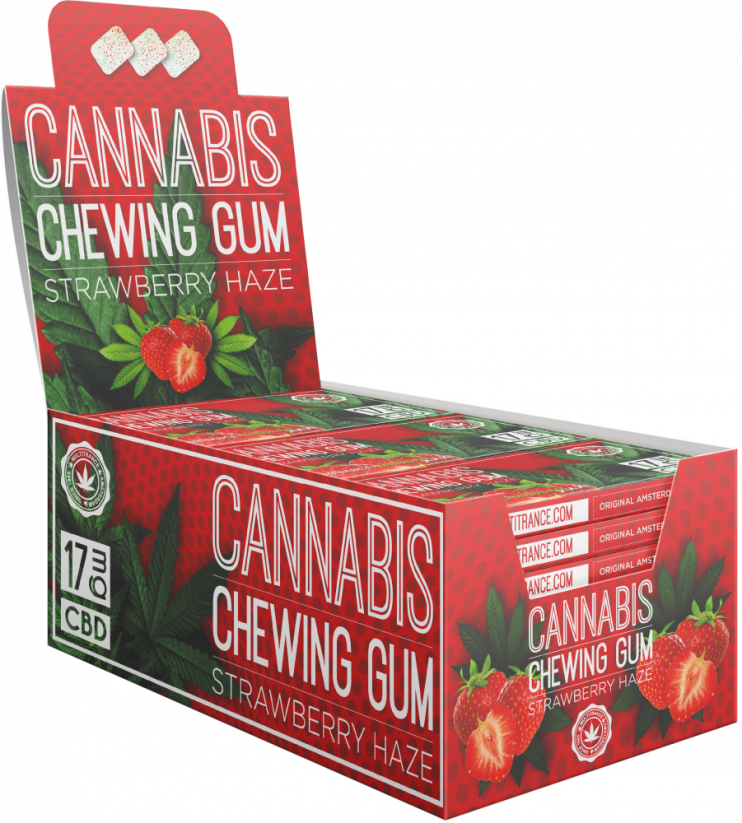 Goma de mascar de cannabis e morango (17 mg CBD), 24 caixas em exposição