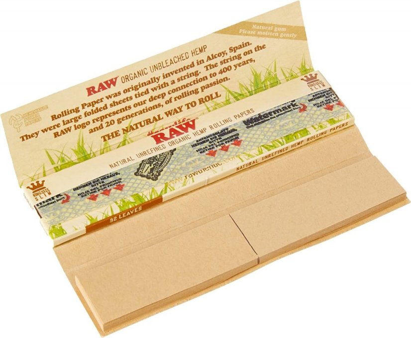 RAW Luomuhamppu CONNOISSEUR KingSize ohuet puhdistamattomat rullapaperit + TIPS - laatikko, 24 kpl