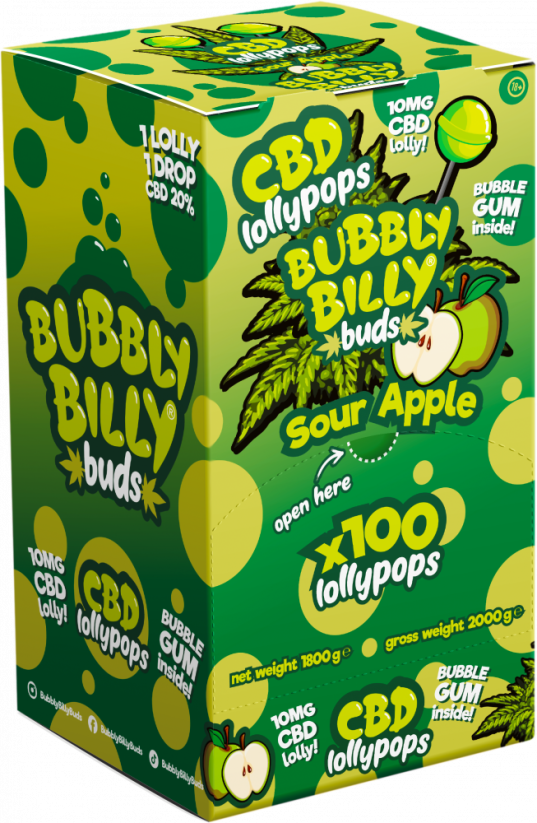 Bubbly Billy Buds 10 mg CBD Kwaśne jabłkowe lizaki z gumą balonową w środku – pojemnik ekspozycyjny (100 lizaków)