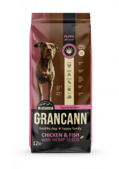 Grancann Пиле и риба с конопени семена - Конопена храна за кученца от всички породи, 12 кг