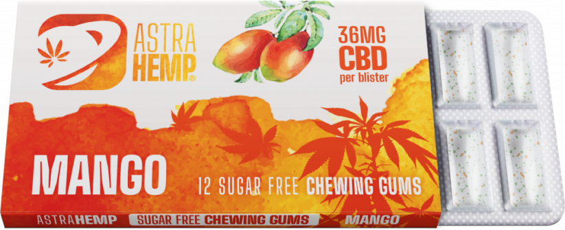 Žvečilni gumi Astra Hemp Mango (36 mg CBD), 24 škatel na izložbi