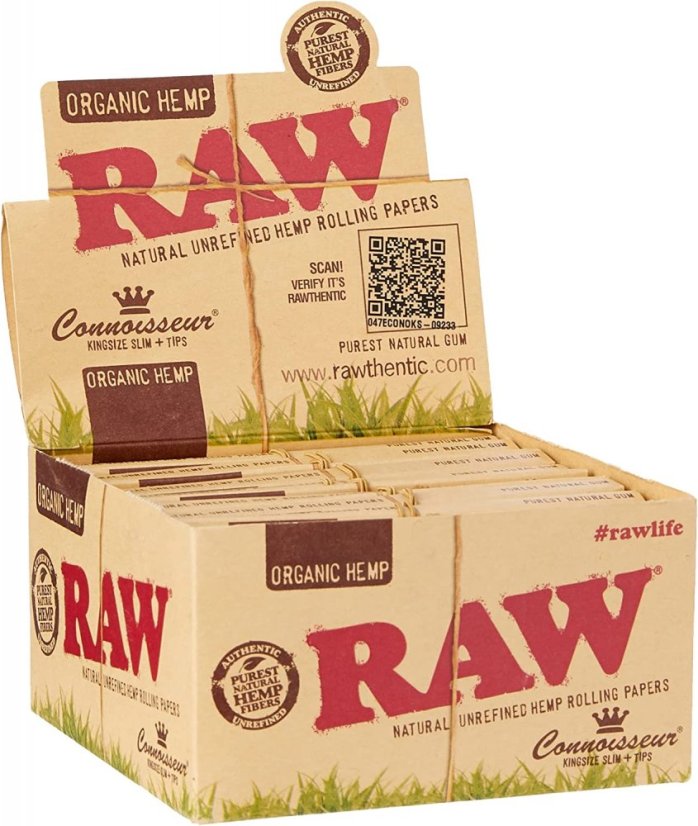 RAW Organic Hemp CONNOISSEUR KingSize KingSize Slim Unrefined Rolling Papers + TIPS - Cutie, 24 buc.