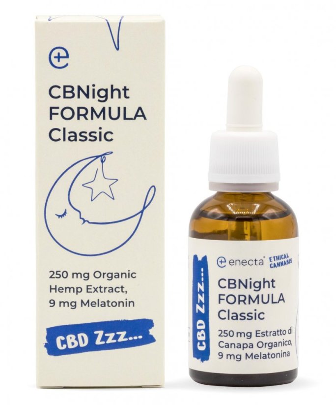 Enecta CBNight Formula Classic Żejt tal-qanneb bil-melatonin, 250 mg estratt organiku tal-qanneb, 30 ml