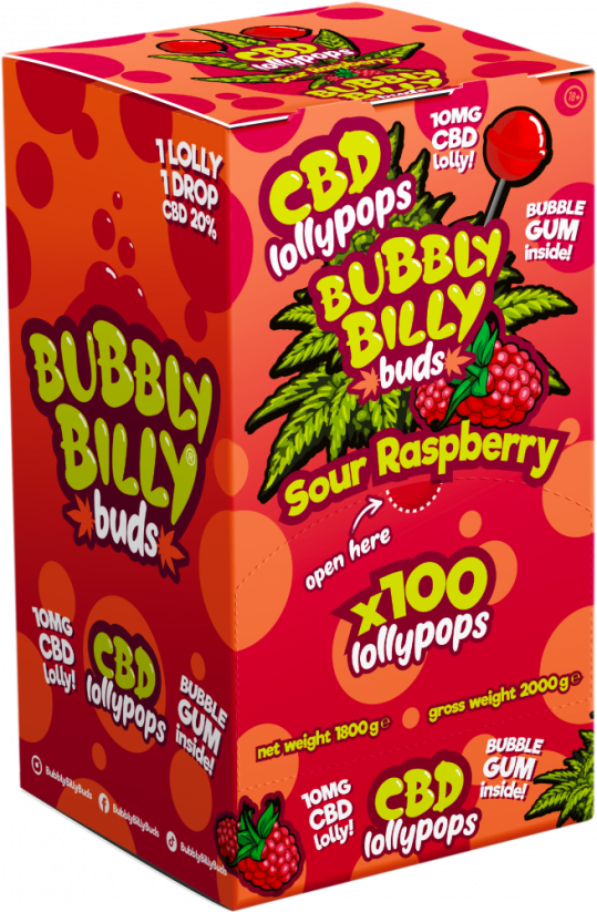 Bubbly Billy Buds 10 mg di lecca lecca di lamponi acidi CBD con gomma da masticare all'interno – Contenitore da esposizione (100 lecca lecca)