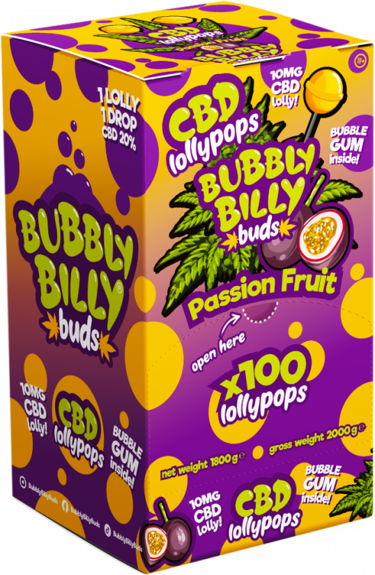 Bubbly Billy Buds 10 mg CBD golgotagyümölcs nyalókák rágógumival – kijelző tartály (100 nyalóka)