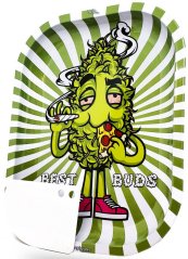 Best Buds Hungry Pizza Small Metal Rolling Tray with Magnetic Grinder Card