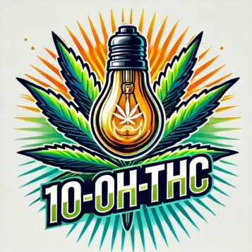 Daun ganja, bola lampu oranye dan teks di bawahnya: 10-OH-THC