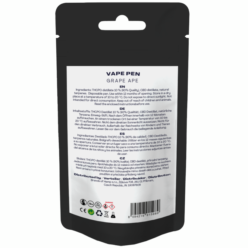 Canntropy Pluma Vape desechable THCPO Grape Ape, calidad THCPO 90%, 1 ml