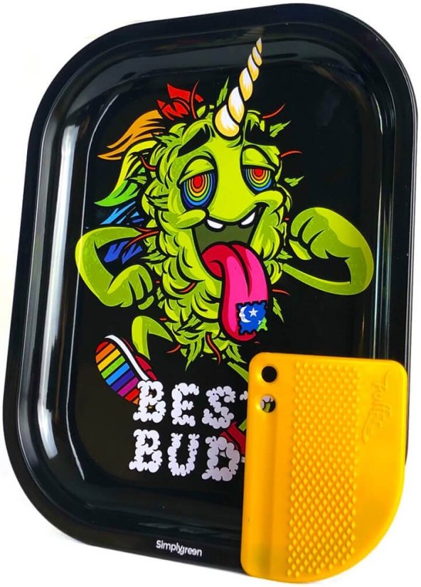 Best Buds LSD Small Metal Rolling Tray with Magnetic Grinder Card