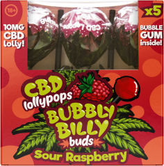 Bubbly Billy Púčiky 10 mg CBD kyslé malinové lízanky s žuvačkou vo vnútri – darčeková krabička (5 lízaniek)