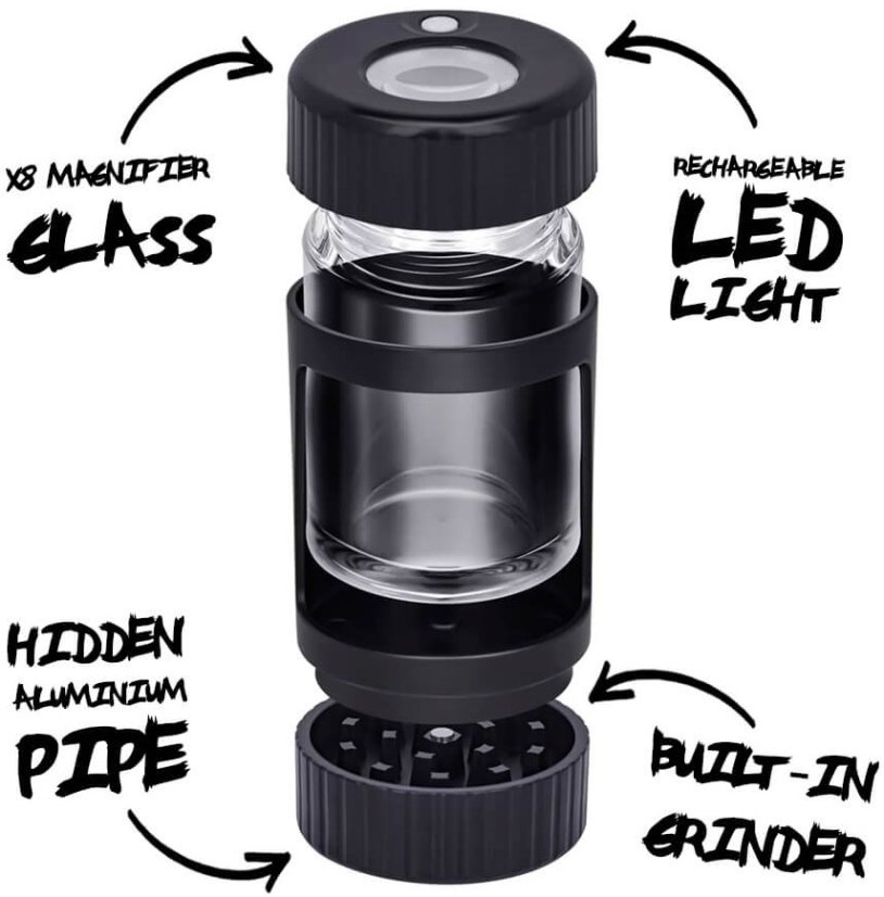 Best Buds Čierna lupa s LED svetlom, brúskou a hliníkovou rúrkou