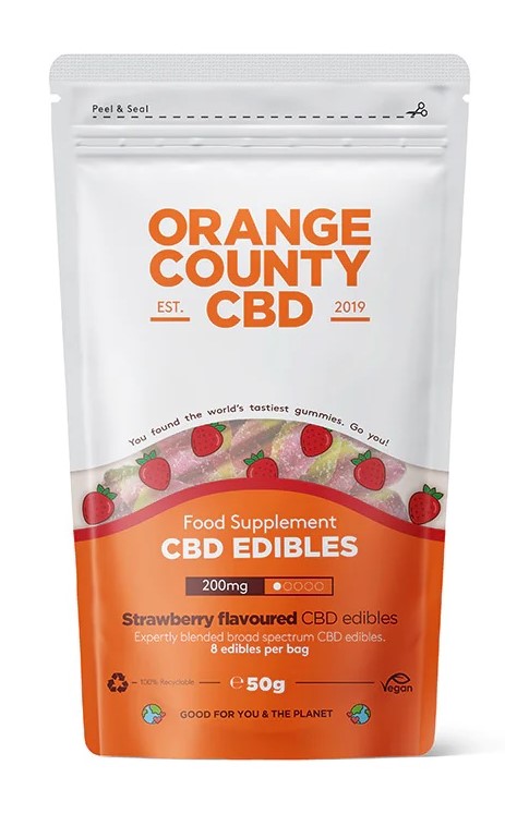 Orange County CBD Strawberries, embalagem de viagem, 200 mg CBD, 8 unidades, 50 g