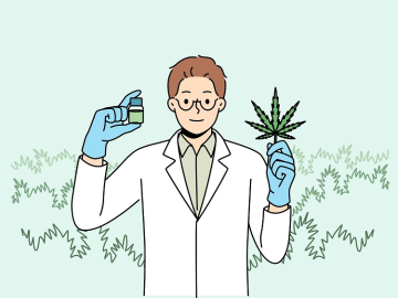 Illustration eines Mannes, der in einer Hand eine Flasche 10-OH-HHCP und in der anderen ein Cannabisblatt hält