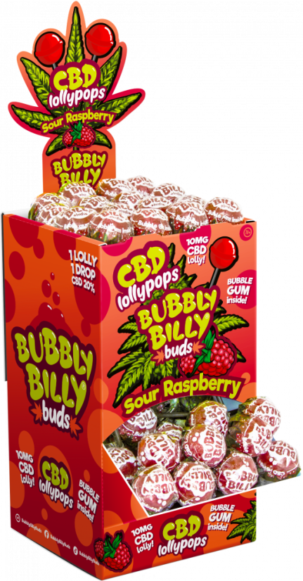 Bubbly Billy Buds 10 mg CBD kyslé malinové lízanky s žuvačkou vo vnútri – vitrína (100 lízaniek)