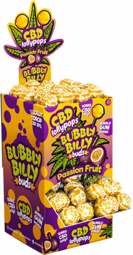 Bubbly Billy Buds 10 mg CBD pasjonsfruktlollies med Bubblegum inni – Displaybeholder (100 lollies)