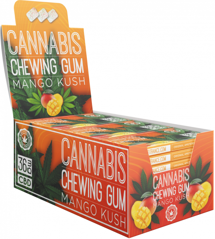 Cannabis Mango kramtomoji guma (36 mg CBD) – ekrano talpykla (24 dėžutės)