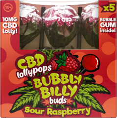 Bubbly Billy Buds 10 mg CBD Pirulitos de Framboesa Azeda com Chiclete Dentro – Caixa de Presente (5 Pirulitos)